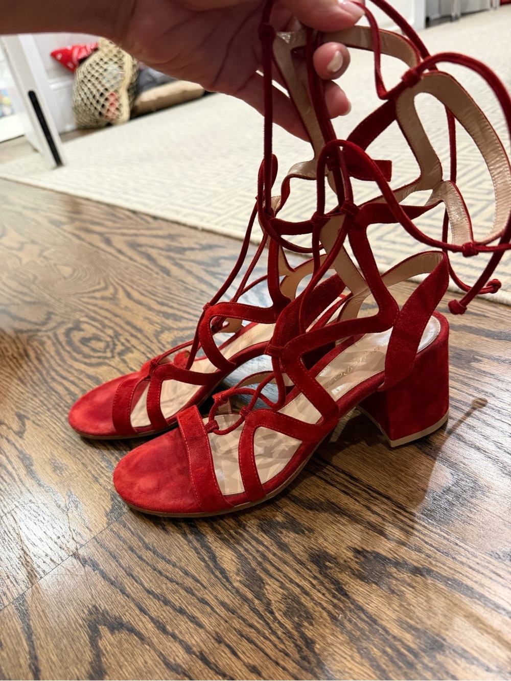 Gianvito Rossi Red Suede Lace-Up Block Heel Sandals
